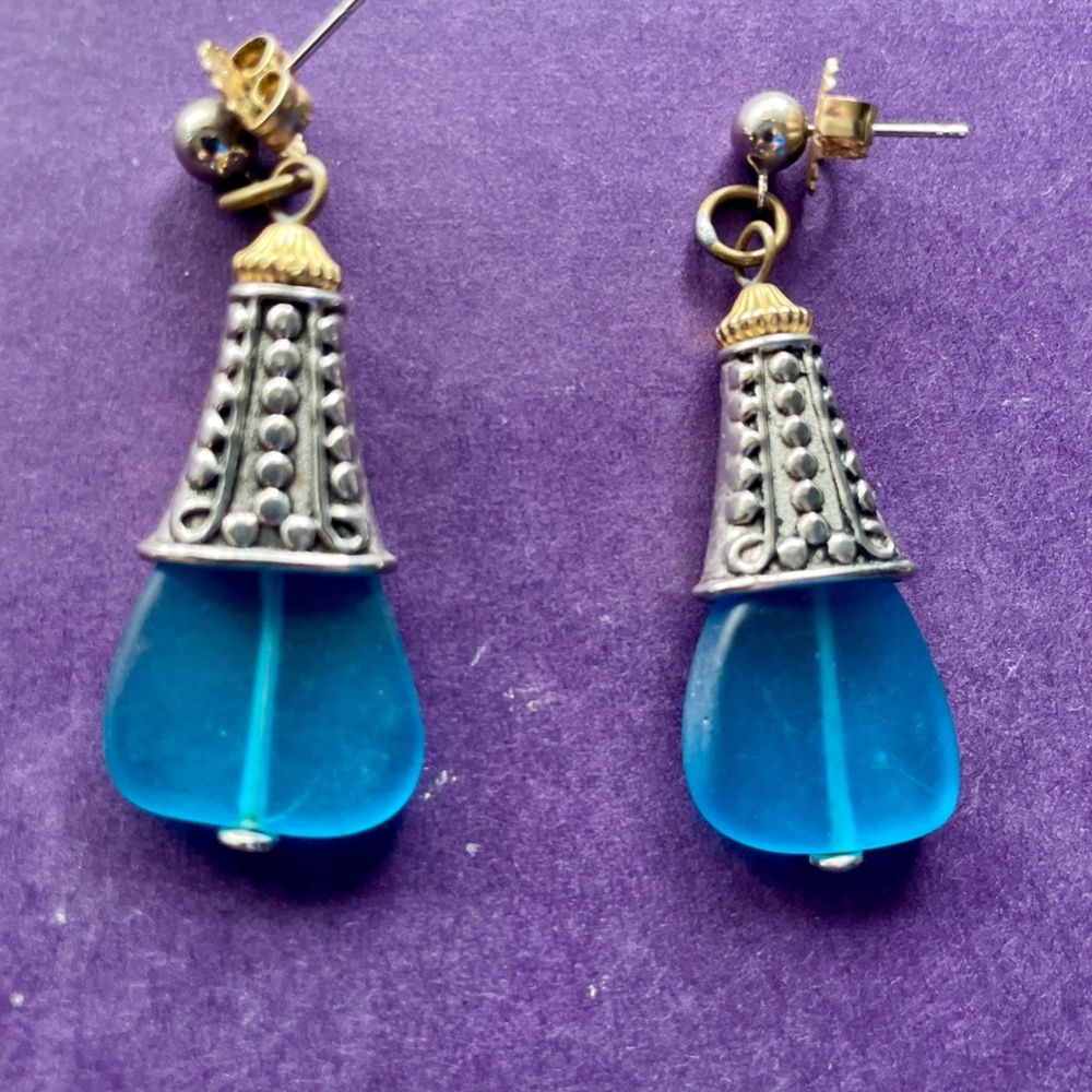 Designer Masha Archer Blue Frosted Resin Bell Earrings with Ornate Silver Caps - Picture 5 of 14